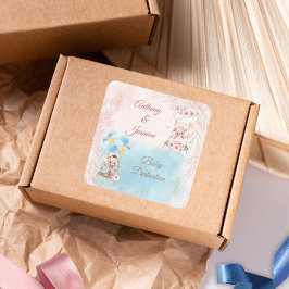 Pegatina Cuadrada Pink and Blue Twin Teddy Bears on Swing with Cross