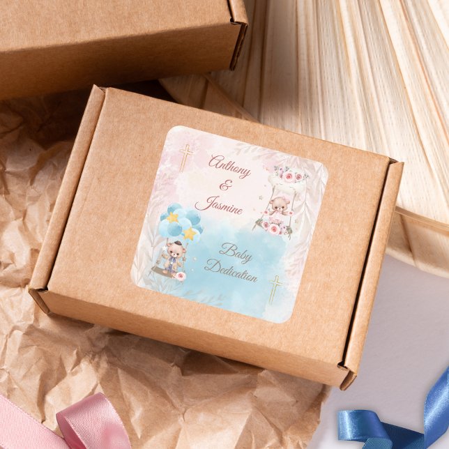 Pegatina Cuadrada Pink and Blue Twin Teddy Bears on Swing with Cross (Subido por el creador)