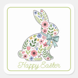 Pegatina Cuadrada Pink and Blue Wildflower Easter Rabbit
