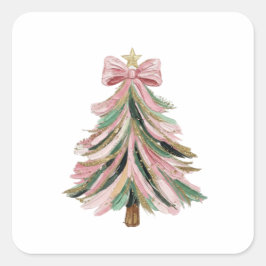 Pegatina Cuadrada Pink and Green Brushstroke Christmas Tree Sticker
