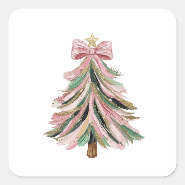 Pegatina Cuadrada Pink and Green Brushstroke Christmas Tree Sticker (Anverso)