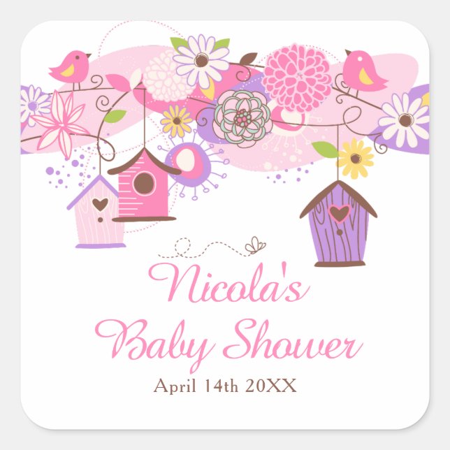 Pegatina Cuadrada Pink and Purple Floral Bird Cages Baby Shower (Anverso)