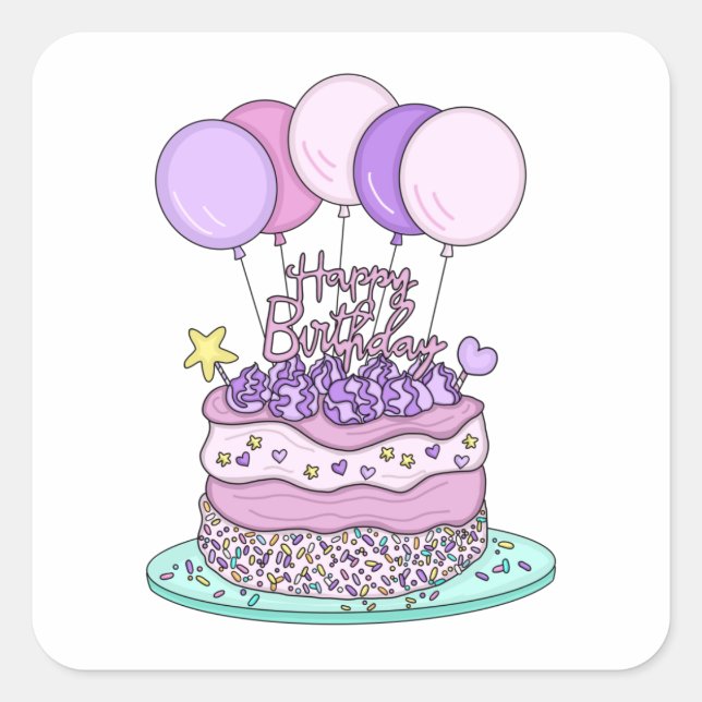 Pegatina Cuadrada Pink and Purple Happy Birday (Anverso)