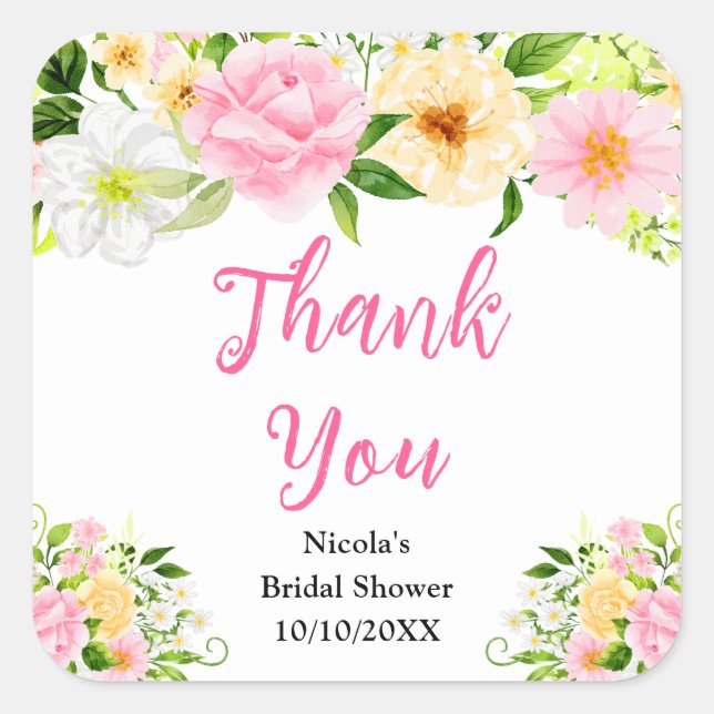 Pegatina Cuadrada Pink and Yellow Flowers Bridal Shower Thank You (Anverso)