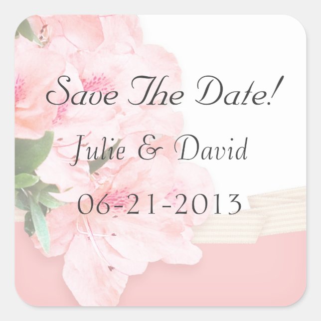 Pegatina Cuadrada Pink Azalea & Ribbon Guardar El Boda De Fecha (Anverso)