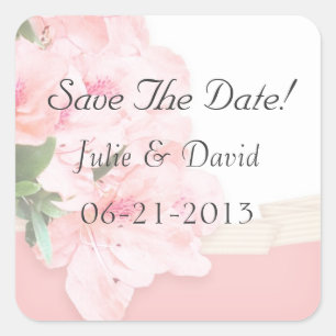 Pegatina Cuadrada Pink Azalea & Ribbon Guardar El Boda De Fecha