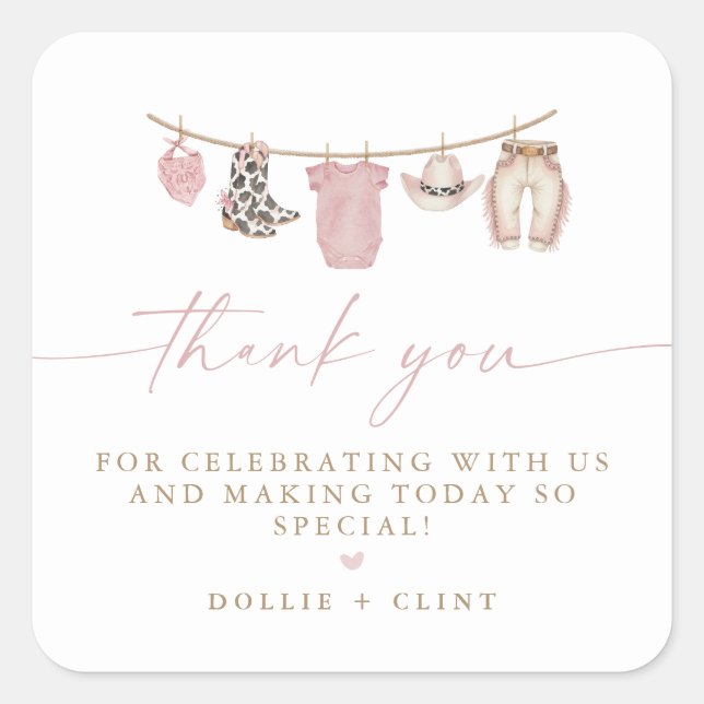 Pegatina Cuadrada Pink Baby Clothesline Little Cowgirl Baby Shower (Anverso)