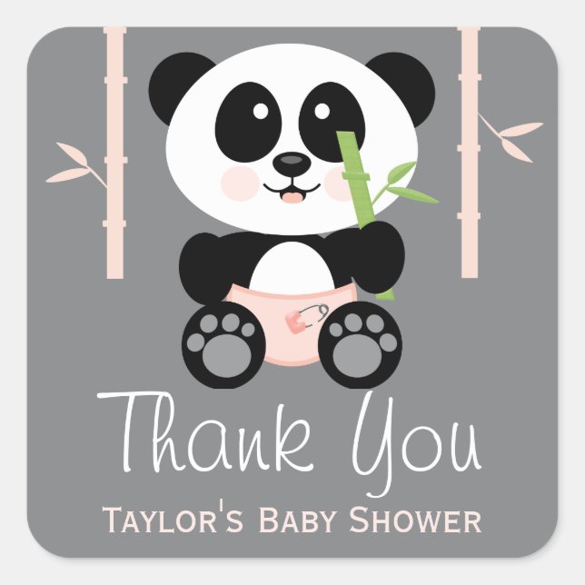 Pegatina Cuadrada PInk Bamboo Panda Baby Shower Gracias Pegatinas (Anverso)