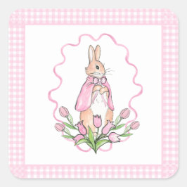 Pegatina Cuadrada Pink Beatrix Potter Plaid Animal Theme Baby Shower