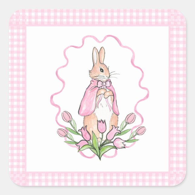 Pegatina Cuadrada Pink Beatrix Potter Plaid Animal Theme Baby Shower (Anverso)