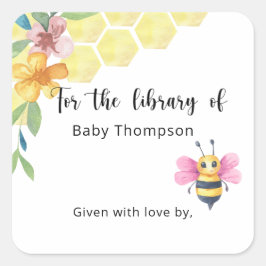 Pegatina Cuadrada Pink Bee - Baby Shower bookplate, books for baby