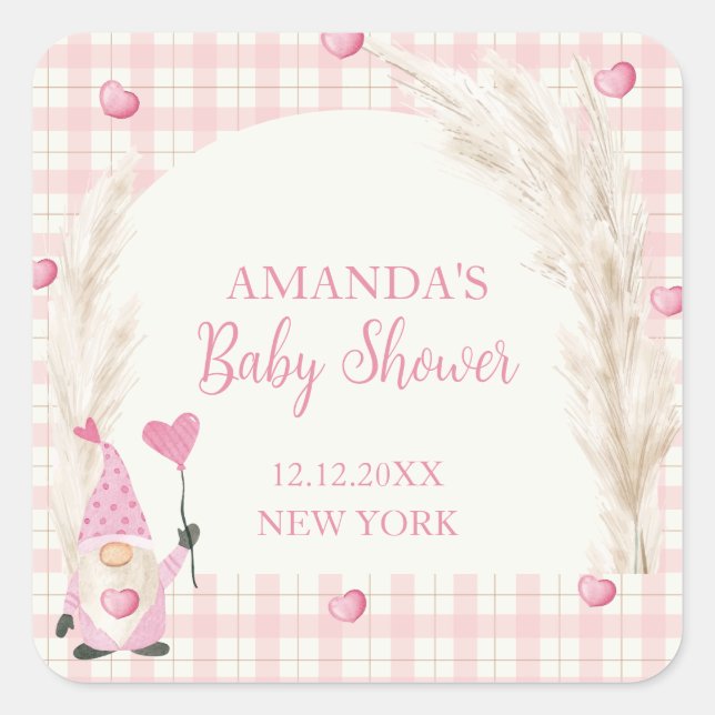 Pegatina Cuadrada Pink Boho Arch Gingham Baby Shower (Anverso)