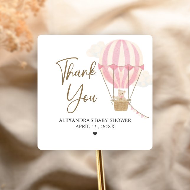 Pegatina Cuadrada Pink Boho Bear Baby Shower  (Oh Baby Bear Baby Shower Sticker)