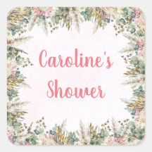 Pink Boho Pampas Grass Favor Stickers | Bridal