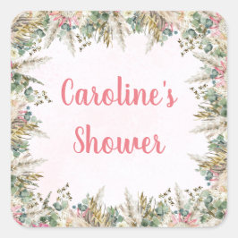 Pegatina Cuadrada Pink Boho Pampas Grass Favor Stickers | Bridal