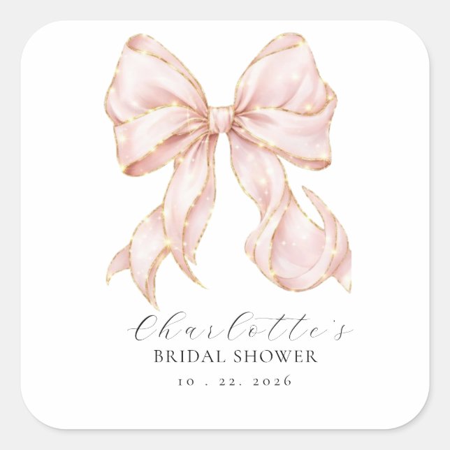 Pegatina Cuadrada Pink Bow Bridal Shower (Anverso)