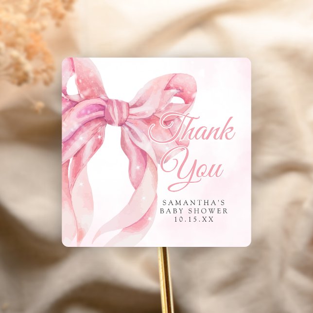 Pegatina Cuadrada Pink Bow Girl Baby Shower (Pink Bow Coquette Girl Baby Shower Sticker)