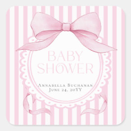 Pegatina Cuadrada Pink Bow Girl Coquette Striped Baby Shower 