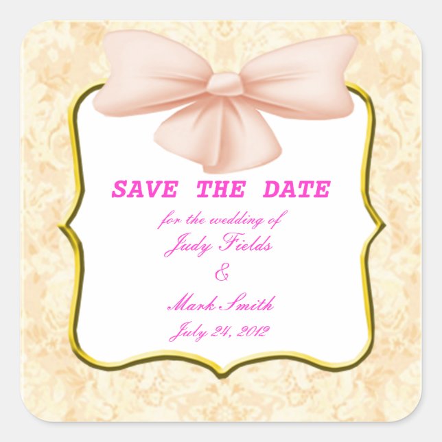 Pegatina Cuadrada Pink Bow Save The Date Pegatinas (Anverso)