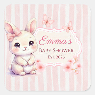 Pegatina Cuadrada Pink Bunny Girl Watercolor Stripes Baby Shower