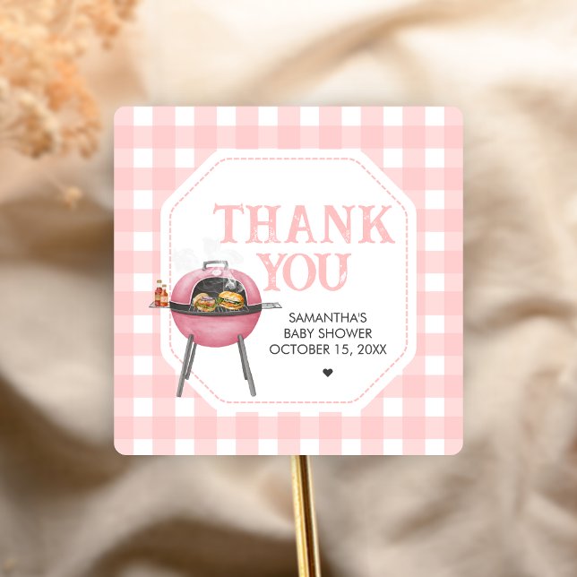 Pegatina Cuadrada Pink Burger BBQ Baby Shower (Bun and Burgers Baby Shower Sticker)