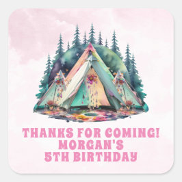 Pegatina Cuadrada Pink Camping Sleepover Fiesta de Cumpleaños
