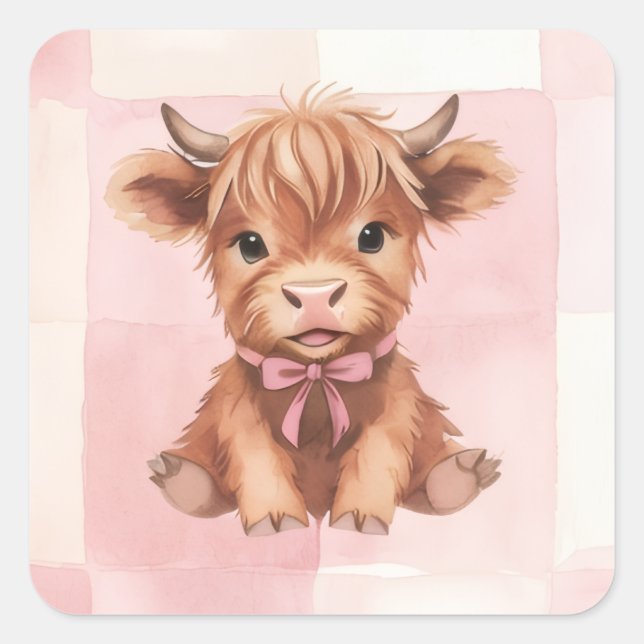 Pegatina Cuadrada Pink Checkered Highland Cow Cute Gift Wrap (Anverso)