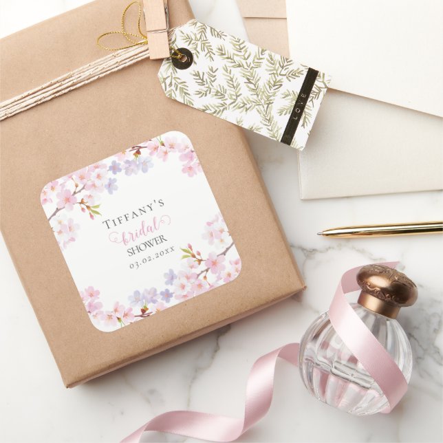 Pegatina Cuadrada Pink Cherry Blossom in Bloom Garden Bridal Shower (Regalar)