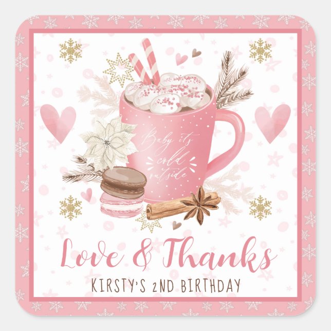 Pegatina Cuadrada Pink Cookies & Cocoa Birthday Party Favor (Anverso)