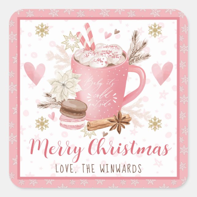 Pegatina Cuadrada Pink Cookies & Cocoa Merry Christmas (Anverso)