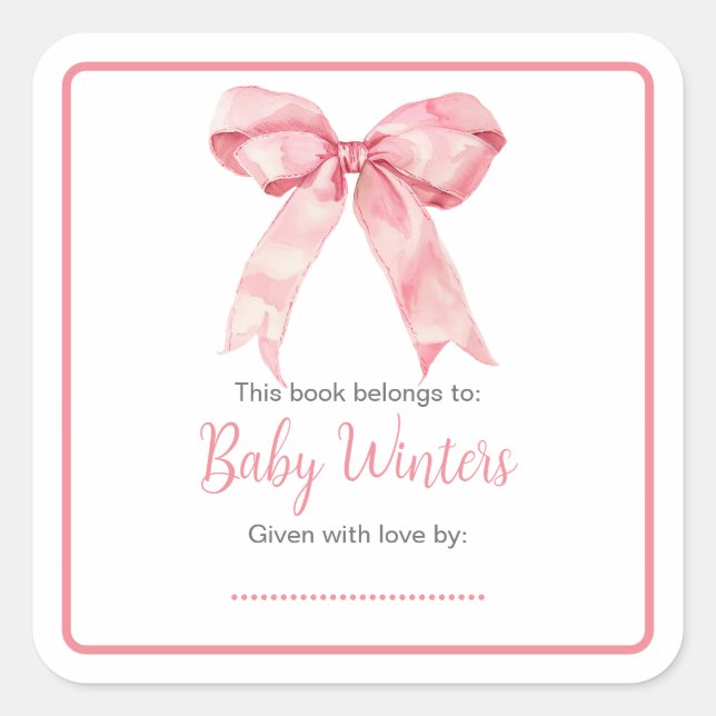 Pegatina Cuadrada Pink Coquette Bow Baby Shower (Anverso)
