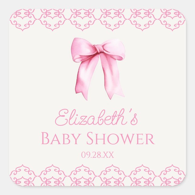 Pegatina Cuadrada Pink Coquette Bow Baby Shower (Anverso)