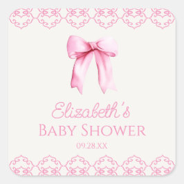 Pegatina Cuadrada Pink Coquette Bow Baby Shower