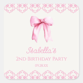 Pegatina Cuadrada Pink Coquette Bow Birday Party