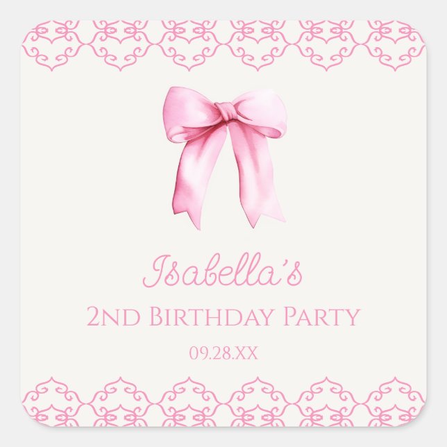 Pegatina Cuadrada Pink Coquette Bow Birday Party (Anverso)