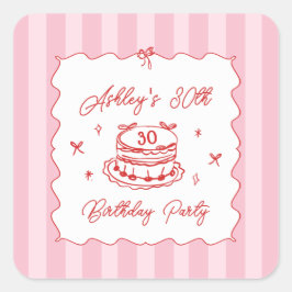 Pegatina Cuadrada Pink Coquette Striped Vintage Hand Drawn Birthday