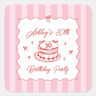 Pegatina Cuadrada Pink Coquette Striped Vintage Hand Drawn Birthday