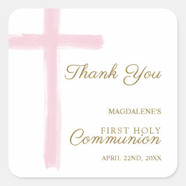Pegatina Cuadrada Pink Cross Thank You First Holy Communion