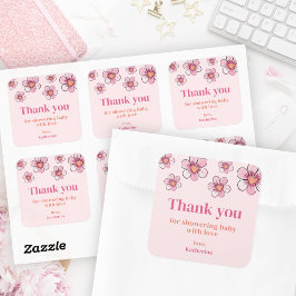 Pegatina Cuadrada Pink Daisy Baby Shower Square Thank You Sticker