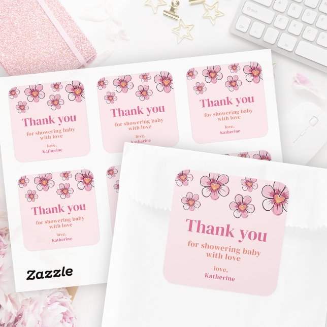 Pegatina Cuadrada Pink Daisy Baby Shower Square Thank You Sticker (Pink Daisy Baby Shower Square Thank You Sticker)
