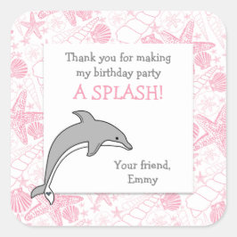 Pegatina Cuadrada Pink Dolphin Seashells Cumpleaños Party Favor