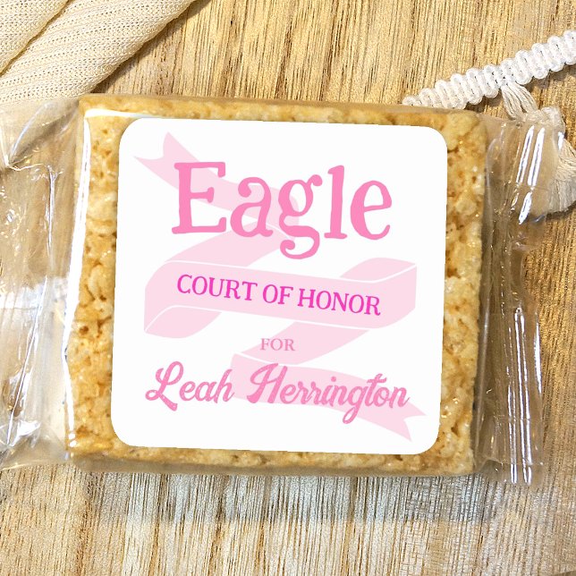 Pegatina Cuadrada Pink Eagle Scout Court of Honor Party (Pink eagle scout court of honor party favor sticker, personalized pink label for take home treats)