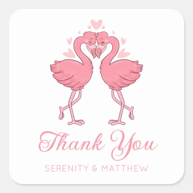 Pegatina Cuadrada Pink Flamingo Beach Tropical Wedding Thank You (Anverso)