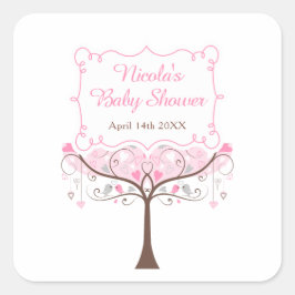 Pegatina Cuadrada Pink Floral Bird Baby Shower Thank You