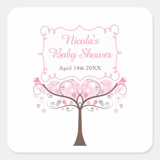 Pegatina Cuadrada Pink Floral Bird Baby Shower Thank You (Anverso)