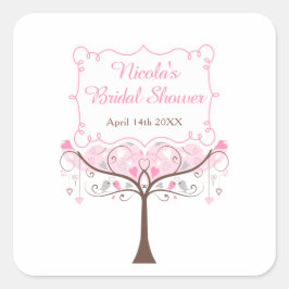 Pegatina Cuadrada Pink Floral Bird Bridal Shower 