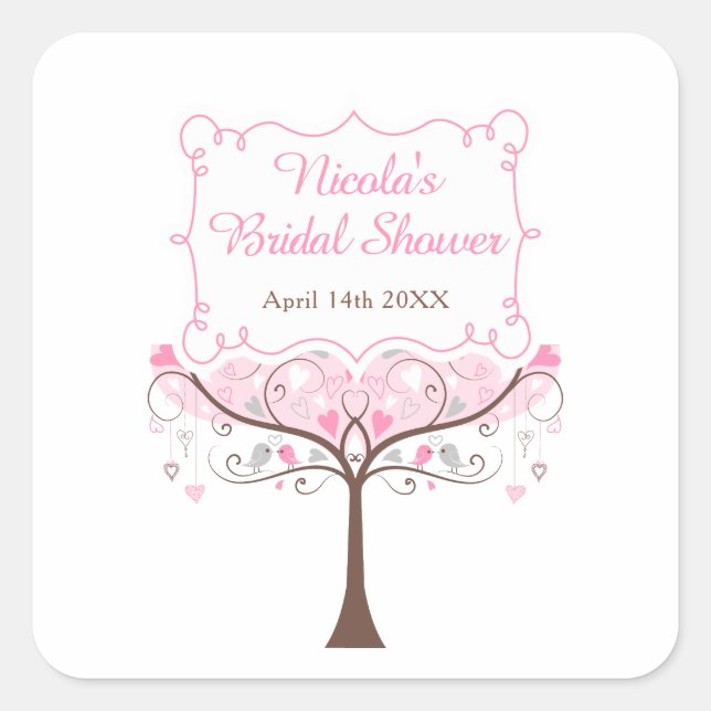Pegatina Cuadrada Pink Floral Bird Bridal Shower  (Anverso)