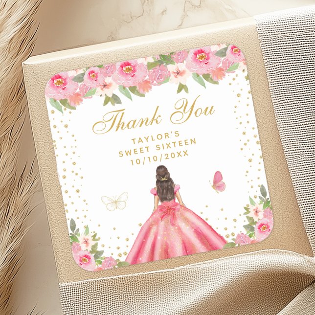 Pegatina Cuadrada Pink Floral Brunette Hair Princess Dulce Dieciséis (Subido por el creador)