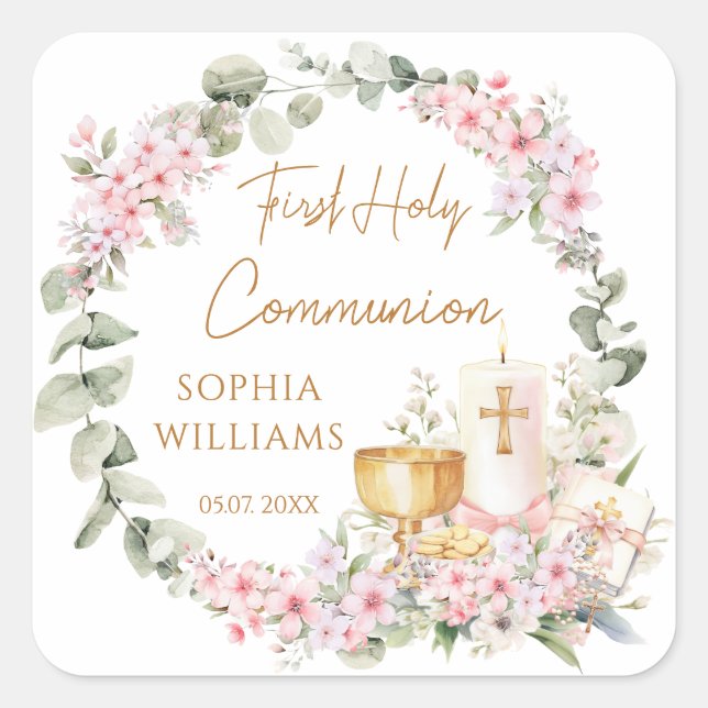 Pegatina Cuadrada Pink Floral Chalice First Holy Communion Sticker (Anverso)
