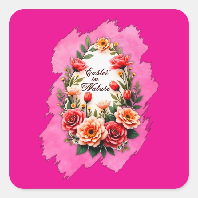 Pegatina Cuadrada Pink Floral Easter Egg – Spring Art - Autocolante (Anverso)
